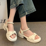 九寸阳光 珍珠凉鞋女2025年夏季法式百搭厚底仙女配裙子女士罗马沙滩鞋 米白色 36