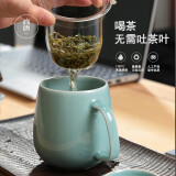 尚唐龙泉青瓷弟窑茶杯子同心杯陶瓷带盖过滤茶杯办公茶水分离泡茶杯水杯男女套装礼盒 清影尚粉釉