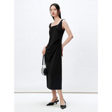 太平鸟女装连衣裙方领无袖气质吊带春收腰抽皱中长款裙子 黑色 S 