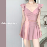 柯帛新款连体泳衣女夏纯欲风保守裙式遮肚显瘦小胸聚拢沙滩泡温泉泳装 粉色 M