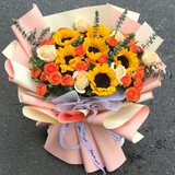 浪漫季节开学季鲜花同城配送向日葵混搭香槟玫瑰花束表白生日礼物送老公 6朵香槟+6朵向日葵-泡泡尤加利 今日送达-可预约送花时间