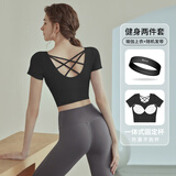 佑游瑜伽服女士带胸垫运动普拉提短袖上衣发带二件套J32030DY黑色 M