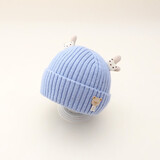 李晨曦（Lichenxi）婴儿帽子秋冬毛线帽可爱超萌保暖防风男童女宝宝搞怪针织冬天儿童 翊鹿角小熊毛线帽—蓝色 适合3-12个月宝宝头围42-46CM