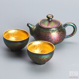 麟鹏加佳 天目釉七彩鎏金建盏窑变茶杯手工陶瓷功夫茶具主人杯高档伴手礼 七彩鎏金一壶两杯
