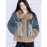 妹丫2025秋冬新款加厚时尚原创设计毛绒拼接渐变水洗牛仔短外套女棉服 蓝色 M 建议100-120斤