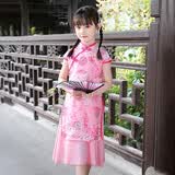 丹鸟王 民国风女童旗袍儿童夏季汉服改良式大摆薄款连衣裙洋气小女孩中国风公主裙中大童古装刺绣礼服 113粉色 130码