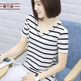 横行道夏装百搭2026韩范休闲宽松显瘦女装粗横条纹短袖t恤上衣服v领外穿 白大黑小 XL