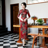 应否旗袍长款旗袍春秋复古修身显瘦改良日常旗袍演出服中国风旗袍  细柳娇花（红） 4XL