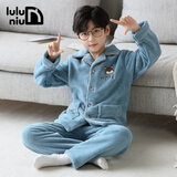 噜噜牛儿童睡衣男孩秋冬季法兰绒加厚款男童中大童珊瑚绒睡衣 蓝色-62013 160 (20码建议身高150-155)