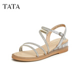 他她（TATA）绝美坡跟凉鞋女外穿一字带时装凉鞋秋季新款7UA03BL4 银色 34
