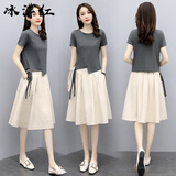 冰洋红2025年新款连衣裙子夏季女装夏天短袖棉麻衣服小个子显瘦两件衣服 深灰上衣+米白裙子 XL(建议105-115斤)