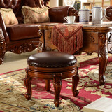 乐满庭美式实木小圆凳客厅泡茶凳子 复古茶几凳雕花小凳子皮凳圆形矮凳