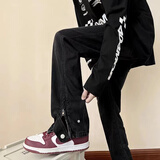 迪伽达 牛仔裤男装秋冬季高街拉链潮流宽松ins长裤子休闲阔腿裤男士学生 WKXS-K539黑色 L 【建议100-115斤】