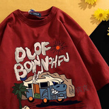 鲁宾克美式复古短袖t恤男潮牌宽松百搭趣味印花情侣半袖夏季圆领体恤衫 红色 L