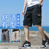 CHARLUOEL工装短裤男秋季2025新款纯棉裤子男士宽松直筒大口袋五分中裤潮牌 黑色G19 XL