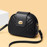 酷奇袋鼠真皮质感2023七夕女士单肩斜挎迷你小包包时尚菱格女包三层小圆包 黑色绣线圆锁