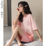 澳琪兰睡衣女夏季薄款纯棉宽松大码夏天女装短袖短裤胖MM家居服两件套装 C6808 L