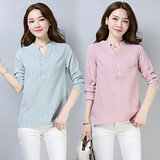 歌蜜奴衬衫女长袖2021春夏装新款韩版宽松女士衬衣条纹棉麻女装 蓝色 M