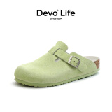 Devo Life的沃软木拖鞋女真牛皮鞋春夏季舒适包头勃肯鞋女士拖鞋3624包头拖 苹果绿反绒皮 38 （建议拍小一码）