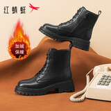 红蜻蜓马丁靴女秋冬保暖厚底英伦风短靴休闲瘦瘦靴WTC43480黑色绒里40