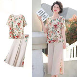 兰威费雷婆婆妈妈装夏装套装新款中年衣服中老年人40到50岁上衣60 米白( 上衣+裤子) XL 「85-110｝