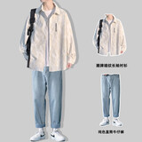 主意范（ZHUYIFAN）胖子超大码休闲衬衫男士短袖夏季宽松大码冰丝学生外套衬衣套装 C3511白色+牛仔裤 3XL (185) 165-180斤