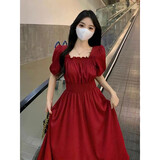 名芮珊订婚衣服女胖妹妹夏季大码法式方领红色连衣裙女新款胖mm收腰显瘦 红色 2XL 建议140-160斤