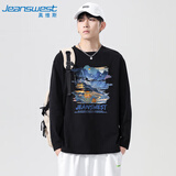 真维斯（Jeanswest）T恤男秋冬薄款宽松纯棉男士长袖国风圆领个性百搭打底衫黑色L