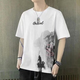 莱蓓怡冰丝短袖t恤男潮牌ins港风圆领半袖2021男士韩版学生休闲印花宽松百搭潮流短袖打底上衣 白色 L 95-110斤