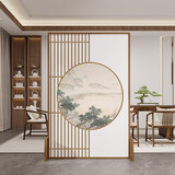 中式屏风隔断客厅入户遮挡风水玄关家用卧室移动高清栅栏画布座屏 E款 樟子松80*180CM