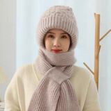 浩冠帽子围巾一体女冬季加绒加厚保暖护耳中老年人帽针织帽毛线帽冬天 米色 均码有弹性