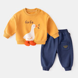 嘟嘟家宝宝套装春季男童两件套衣服儿童春装卡通可爱童装女童卫衣卫裤潮 黄底白鹅+藏青色裤子 80