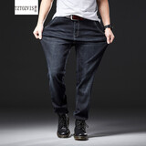 唐治 秋冬季高弹力牛仔裤男宽松直筒长裤胖子加肥加大弹性加绒裤子时尚休闲特大码肥佬裤潮 蓝黑色 42码 3尺2