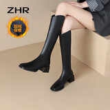 ZHR骑士靴女冬粗跟显瘦方头长筒靴女加绒V口女靴 BL196A 黑色 37