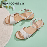意尔康女鞋一字带坡跟平底凉鞋女时尚百搭学生风鞋子 27746W 米白 37