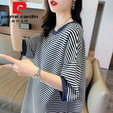 皮尔卡丹（pierre cardin）棉短袖t恤女2025新款大尺码装条纹夏装宽松中长款遮屁股洋气上衣 蓝色 L (适合111-140斤)