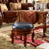 乐满庭美式实木小圆凳客厅泡茶凳子 复古茶几凳雕花小凳子皮凳圆形矮凳