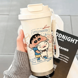 关玥蜡笔小新咖啡保温杯大容量316不锈钢水杯学生运动车载吸管水杯ins 双饮口保温杯赠害羞小新贴纸2张 530ml