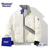 WASSUP HERMU羽绒服男冬季简约潮牌鸭绒外套男女情侣装休闲加厚保暖上衣服冬装 白色 XL （建议135-155斤）