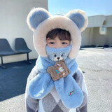 途尊儿童冬季帽子围巾一体男女童毛绒帽防风防寒护耳口罩可拆卸三件套 蓝色