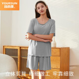 宜而爽女士舒适宽松居家服装短袖背心T恤短裤家居服女可外穿吊带裙 短袖套装-灰色 L(165)