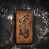 劳司拉蒂（LAOSRATI）男士手包长款钱包真皮拉链多功能复古头层牛皮钱夹皮夹大容量手拿包 年年有余复古咖色