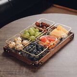 格娜斯玻璃水果盘客厅复古轻奢创意零食摆放分格干果盘网红点心糖果盘 金边玻璃碗6个+六格桐木窗花竹盘