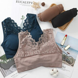 臻丝蕾蔓文胸女无钢圈少女美背内衣聚拢蕾丝花边薄款性感无痕小胸罩 V领蕾丝WX (卡其+黑色）