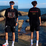 POUM复古美式潮流纯棉短袖t恤男春夏季高街嘻哈五分半袖休闲男装上衣 LJWP-G194黑色 L