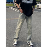 衣然呈品秋冬新款牛仔裤男士美式高街侧开拉链水洗做旧修身潮牌直筒裤子男 黄泥色破洞款 XL【建议110-130斤】