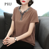 PHJ 短袖T恤女新款夏季宽松显瘦洋气小衫40岁50中年女士V领上衣 咖色 M