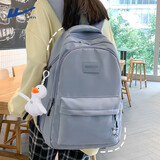 回力双肩包休闲简约女生大学生初中生高颜值小清新高中大容量书包 蓝色【带冲天鸭挂件】