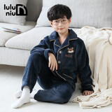 噜噜牛儿童睡衣男孩秋冬季法兰绒加厚款男童中大童珊瑚绒睡衣 深蓝色-62012 170 (M码建议身高160-165)