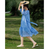 德玛纳【法式碎花仙女裙】夏唯美雪纺V领泡泡袖收腰绑带连衣裙女中长